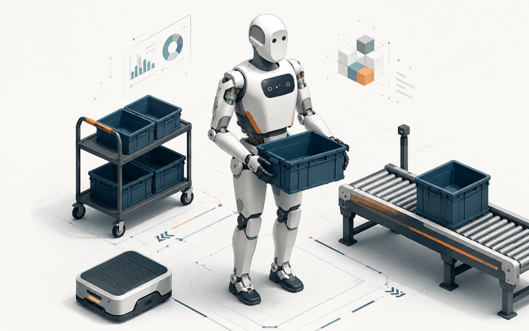 Stylized illustration of UBTECH Walker S humanoid robot